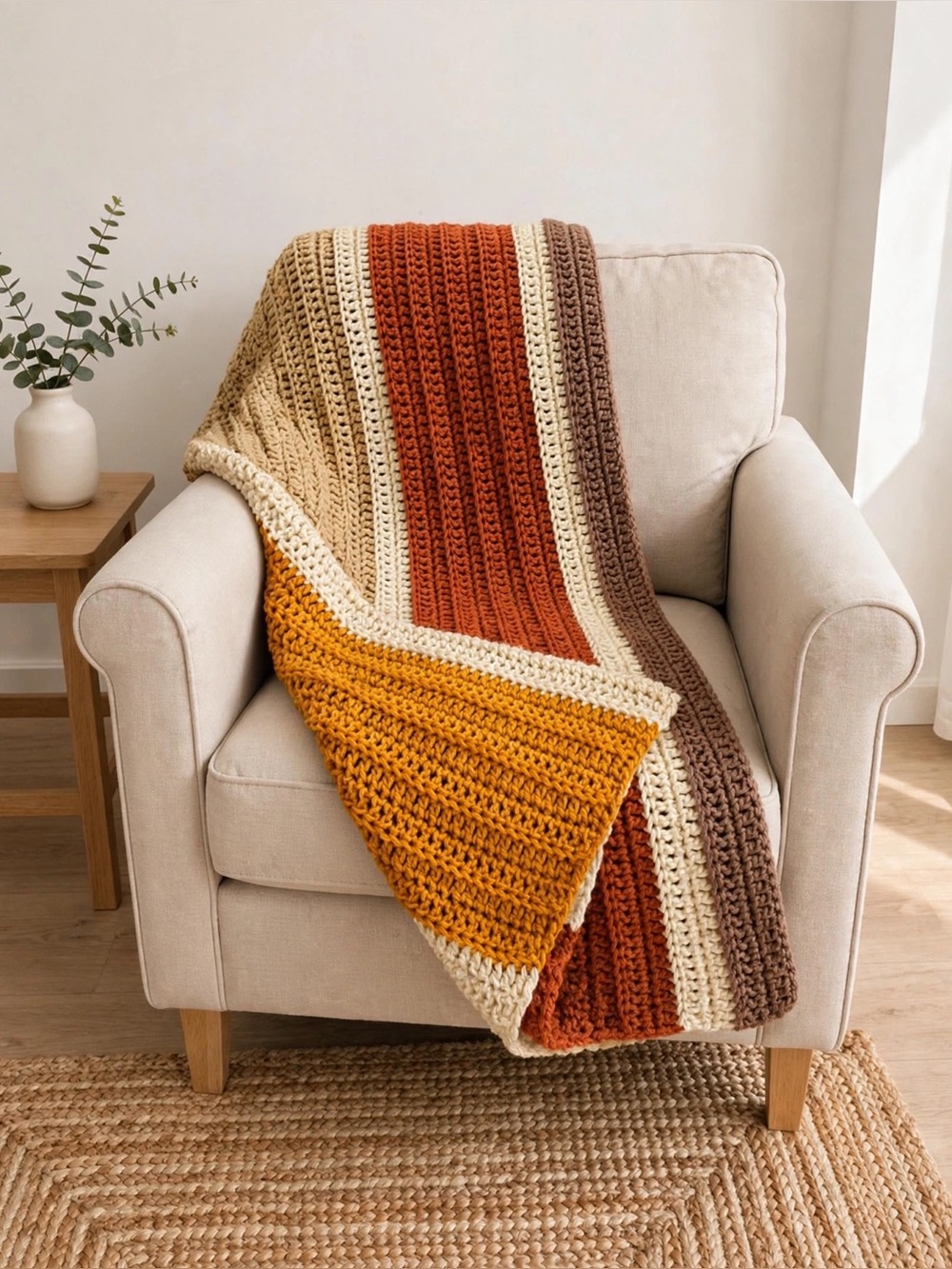 Handmade Striped Crochet Blanket Retro Terracotta Tan Brown Autumn Warm Tones
